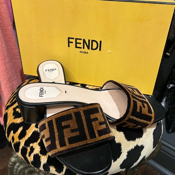 Fendi Shoes - Women’s Fendi logo print Zucca velvet block heel slide mule 39 9